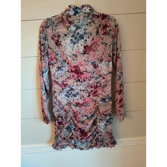 Pretty Little Thing Pink Floral Mini Dress Women's Sz 8 Long Sleeve Lined Ruched - Picture 7 of 16